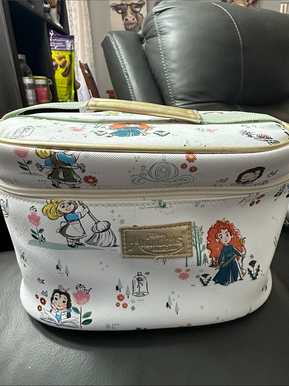 Disney White Cosmetic Case with Gold Trim and Pastel Character Prints